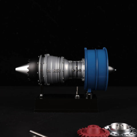 Ultra Realistic Mini Metal Turbofan Engine Model Kit That Actually Runs, side view with exposed blue fan, 1:20 scale