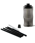 Easy Install Black Carved Glass Outdoor Torch Two Pack 65 Inch components, including black poles, wick, and snuffer cap.