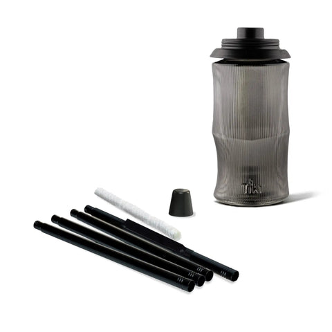 Easy Install Black Carved Glass Outdoor Torch Two Pack 65 Inch components, including black poles, wick, and snuffer cap.