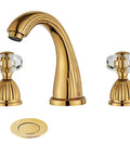 Polished Gold Widespread Bathroom Sink Faucet With Crystal Handles Three Hole Brass Lavatory Vanity Tap And Pop Up Drain