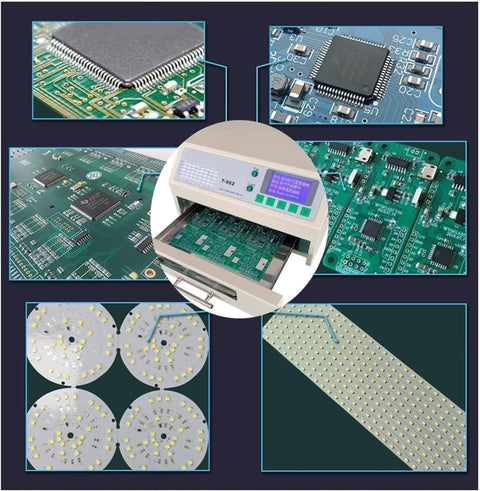 Pro Grade Reflow Oven For SMD SMT PCB Soldering, 800W Infrared Heater With Auto Soldering shown with circuit board examples