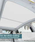 Installed KUNIST roof sunshade for Tesla Model Y panoramic roof; silver-coated UV protection with dotted texture