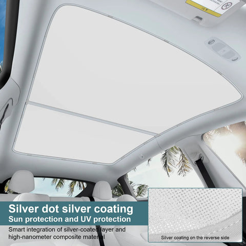 Installed KUNIST roof sunshade for Tesla Model Y panoramic roof; silver-coated UV protection with dotted texture