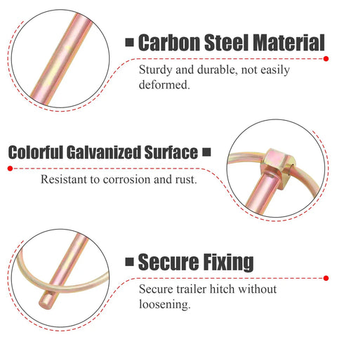 12 Pc One Quarter Inch Locking Hitch Pins With Ring Kit showing carbon steel material and galvanized surface for secure fixing.