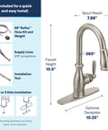 Traditional One Handle Kitchen Faucet In Spot Resist Stainless With Pull Down Sprayer Power Boost Quick Rinse Reflex Retractable Hose dimensions and features illustration