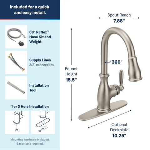 Traditional One Handle Kitchen Faucet In Spot Resist Stainless With Pull Down Sprayer Power Boost Quick Rinse Reflex Retractable Hose dimensions and features illustration