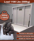 Slick Flush Floor Hatch Door For Basement Cellar Hidden Crawl Space Access Panel Locks Down Firm With Vinyl Tile Granite Or Wood Surfaces Heavy Duty Steel Plate 60X36 Inches with load capacity of 1100 lbs.