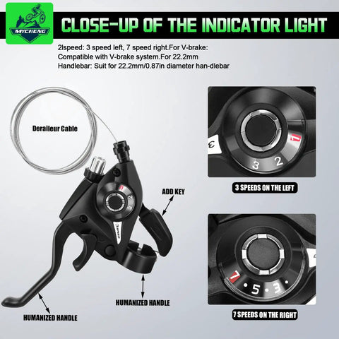 Close-up of 3x7 21 Speed Bike Shifter and Brake Lever Set, showing indicator lights and derailleur cable.
