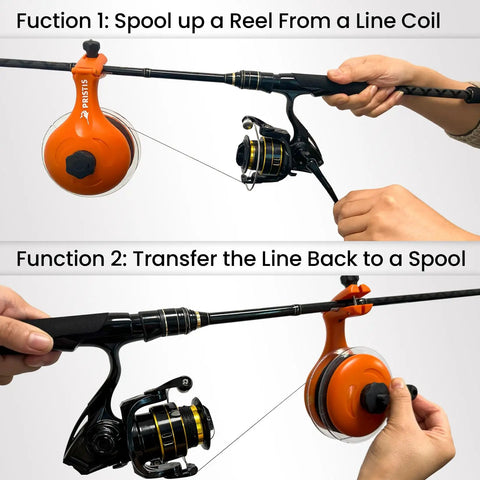 Fishing Line Winder And Reel Spooler Kit With Unwinding System in use for baitcasting reels, illustrating spooling and unwinding functions.