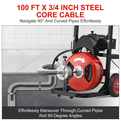 Heavy Duty 75 Ft Electric Drain Cleaner Auto Feed Sewer Snake Auger With Half Inch Steel Core Cable Air Foot Switch 6 Cutter Heads Badass Power For Nuking Stubborn 2 To 4 Inch Pipe Blockages Fast showcasing 100 ft 3/4 inch steel core cable for navigating curved pipes.