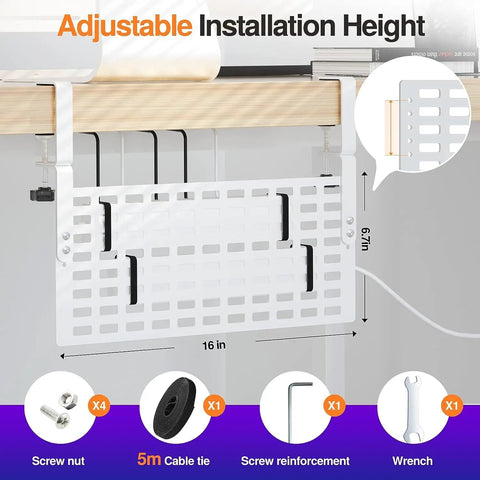 Under Desk Cable Management With Clamp No Drill 16 Inch Desk Cable Organizer Pegboard Style setup with included accessories.