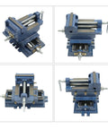Rock Solid Cast Iron Cross Slide Vise Delivering Sick X Y Compound Glide For Your Drill Press And CNC Milling Rig No Sweat Heavy Duty 4 Inch Benchtop Clamp In Blue from multiple angles showing features.