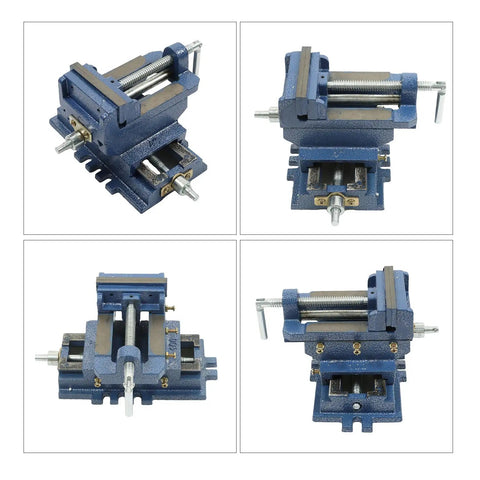 Rock Solid Cast Iron Cross Slide Vise Delivering Sick X Y Compound Glide For Your Drill Press And CNC Milling Rig No Sweat Heavy Duty 4 Inch Benchtop Clamp In Blue from multiple angles showing features.