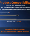 Product compatibility chart for Direct Replacement Front Hood Strut Lift Support For Audi S4 S5 A4 And A4 Quattro 2009 To 2016