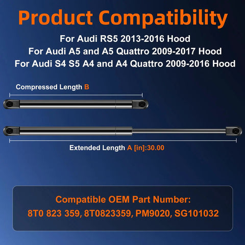 Product compatibility chart for Direct Replacement Front Hood Strut Lift Support For Audi S4 S5 A4 And A4 Quattro 2009 To 2016