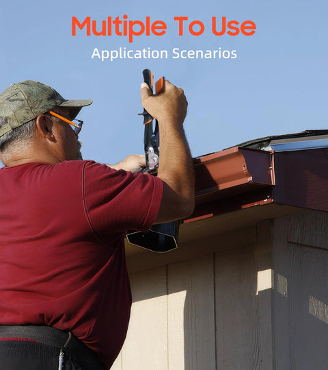Using snap lock gutter crimp tool on roof for precise metalwork.