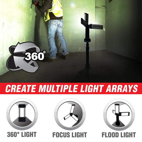 Tri Mobile 2000 Lumen Area Work Light With Tripod Mount in action showing 360° rotation and lighting options in a garage setting