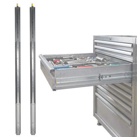 Tough As Nails Heavy Duty Drawer Slides With Lock For Truck Bed And RV Use, 80 Inch Length, next to a drawer