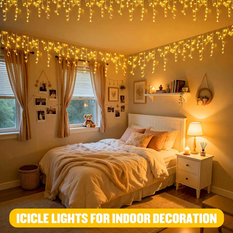 Warm White Icicle Christmas Lights Outdoor Indoor 400 LED With 80 Drops About 48Ft Copper Wire in cozy bedroom decor