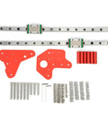 Image of Dual Z Axis Linear Rail Kit for 3D Printer Upgrade, includes heavy-duty steel rails, red brackets, screws, and tools.