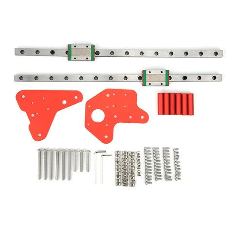 Image of Dual Z Axis Linear Rail Kit for 3D Printer Upgrade, includes heavy-duty steel rails, red brackets, screws, and tools.