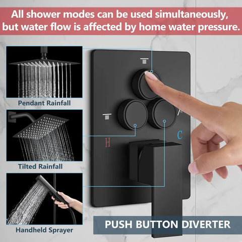 Shower Faucet Set Ceiling Mount System With Dope Dual 12 Inch And 6 Inch Shower Heads push button diverter close-up