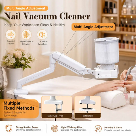 Top Tier Heavy Duty Nail Dust Collector With Crisp Led Lamp And Flexible Rotating Arm For Rapid Acrylic Sweep Ups and Clutter Free Salon Desk Setups Everyday on a salon table.
