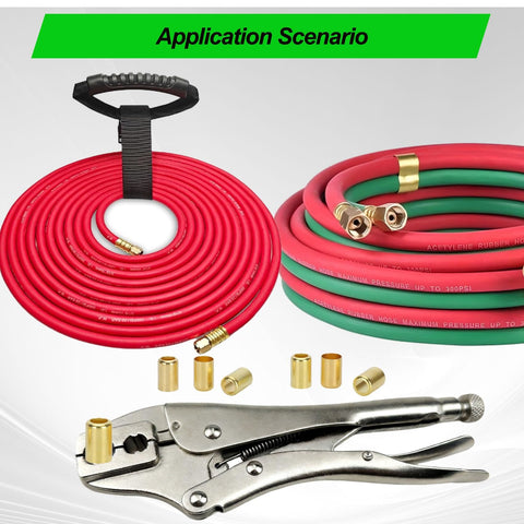 Hose Crimping Tool With Two Dies And Two Openings For One Quarter Inch And Three Sixteenth Inch Hoses, Ferrule Crimp Tool shown with hoses