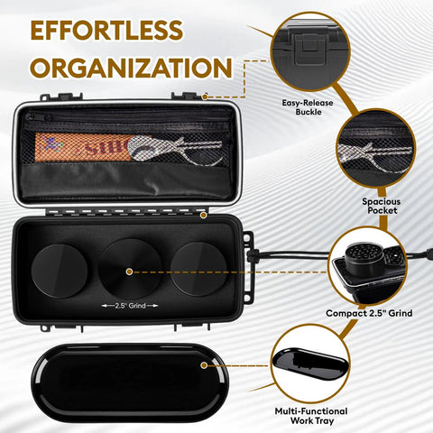 Interior view of Odor Proof Stash Box With Grinder Tray, Waterproof Travel Storage Case showing compartments and grinder features