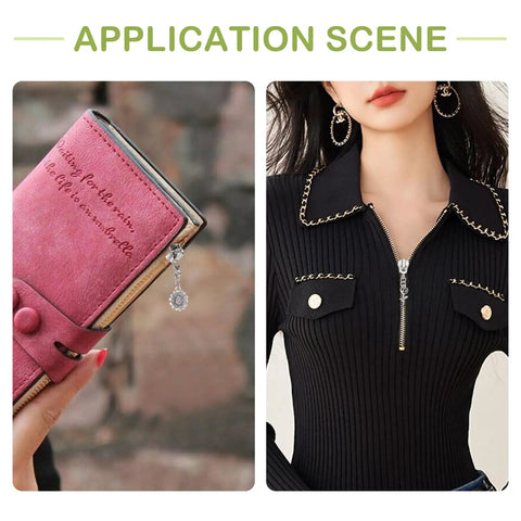 Flower Metal Zipper Pull Replacement Sliders Set 20 Pcs Durable Alloy With Platinum Finish on wallet and black jacket