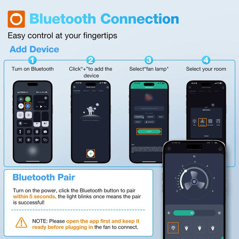 Bluetooth app interface for Outdoor Ceiling Fan With Light For Patios And Pergolas, showing remote control and pairing steps on phones.