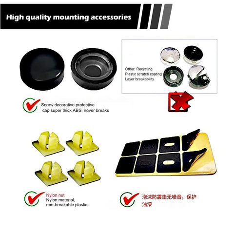 Four Pack Stainless Steel Anti Theft License Plate Screws With Rustproof Torx Head Bolts Fasteners Universal Fit For Cars shown with high quality mounting accessories including protective caps and nylon nuts.