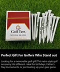 Premium Bamboo Golf Tees 83mm Set With Vintage Flip Top Case For Men, shown with white tees against grass background.