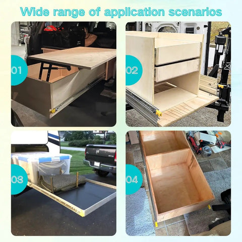 Heavy Duty Locking Drawer Slides Set 10 To 72 Inch Full Extension Ball Bearing Rails in various installation scenarios.