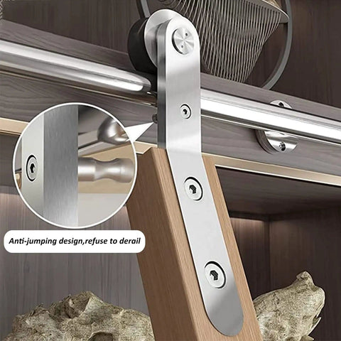Sliding Barn Door Hardware Kit With Stainless Steel Rails And Floor Rollers for Library Ladder System, close-up view