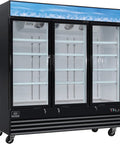 Three Door Merchandiser Refrigerator With 53 Cu Ft Fresh As Heck Storage, black finish, clear glass doors, organized shelving, commercial use.