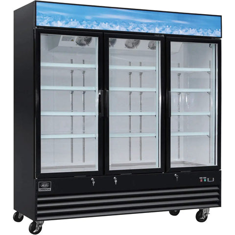 Three Door Merchandiser Refrigerator With 53 Cu Ft Fresh As Heck Storage, black finish, clear glass doors, organized shelving, commercial use.