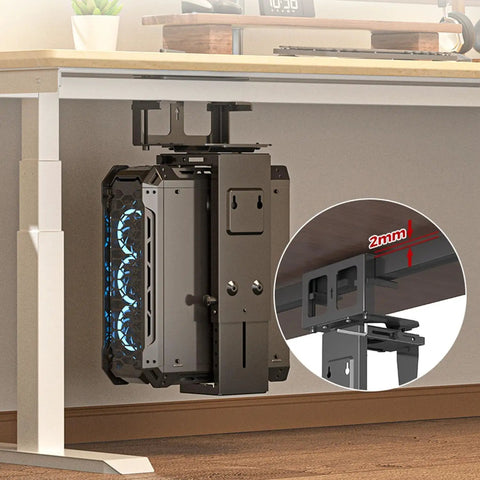 Top Tier Under Desk PC Mount, Adjustable Computer Tower Stand for Full Size Gaming Rigs, showing steel bracket under desk.