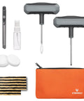 Flat Tire Repair Kit With Plugs 16 Pcs Heavy Duty Tire Plug Kit for Car Motorcycle ATV Jeep Truck Tractor T Handle Stainless Steel Tools With Ergonomic Rubber Grips, showing tools, plugs, and carrying pouch on white background