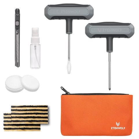 Flat Tire Repair Kit With Plugs 16 Pcs Heavy Duty Tire Plug Kit for Car Motorcycle ATV Jeep Truck Tractor T Handle Stainless Steel Tools With Ergonomic Rubber Grips, showing tools, plugs, and carrying pouch on white background