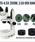 Trinocular Stereo Zoom Microscope 3.5X To 90X With Dual LED Illumination And 45 Degree Inclined Head, 360 Degree Rotating Ocular Tubes, Diopter Adjustment For Both Tubes, Long Life Cool LED Lighting With Adjustable Intensity. White lab microscope with 0.5X and 2X lenses for PCB inspection.