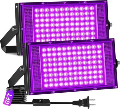 2 Pack 100W Black Light Flood Light Blacklight for Glow Party with purple LEDs and 6FT power cable, ideal for events.