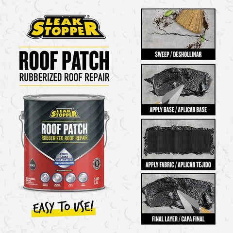 Leak Stopper Rubberized Roof Repair 1 Gallon with application steps for built up roofs SBS modified roofs metal surfaces black