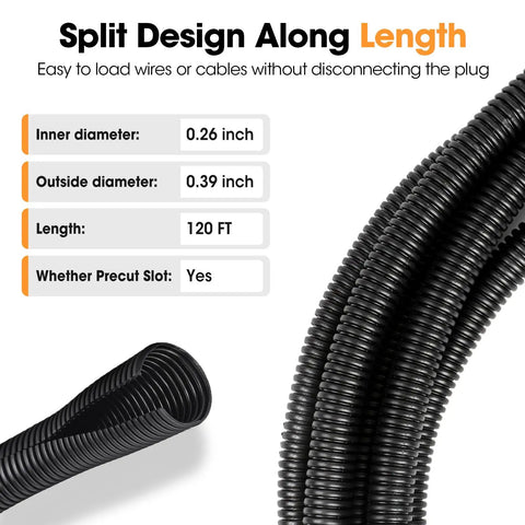 120 Ft One Quarter Inch Split Wire Loom Tubing Conduit Black High Quality Polyethylene Cable Protector specs and coiled view