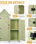 Outdoor Storage Cabinet With Waterproof Metal Roof And Wooden Vertical Design, Tall Garden Tool Shed With Details Highlighted
