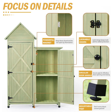 Outdoor Storage Cabinet With Waterproof Metal Roof And Wooden Vertical Design, Tall Garden Tool Shed With Details Highlighted