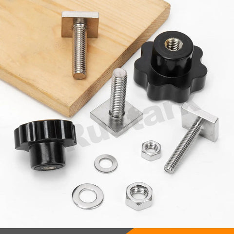 24Pcs M8 T Track Bolt Adapter Kit With 7 Star Knobs Nuts And Washers For Roof Rack Rails Rail Carrier Bracket And Roof Box Made From 304 Stainless Steel Durable Hardware Set displayed on wood surface