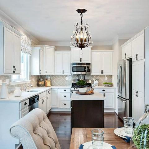 Crystal Branch Chandelier Flush Mount With Vintage Farmhouse Vibe Matte Black 11 Inch Diameter in a modern kitchen
