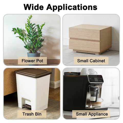 Examples of applications for 24 Pack Self Adhesive Caster Wheels Mini Swivel Rollers With 360 Degree Rotation on furniture, bins, and appliances.