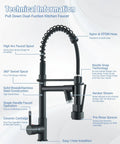 Diagram of LED Kitchen Faucet With Pull Down Sprayer In Matte Black Stainless Steel showcasing features like gooseneck and single handle.